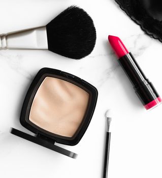 Make-up and cosmetics on marble, flatlay - modern feminine lifestyle, vlog background and styled stock concept. Beauty inspiration in a fashion blog