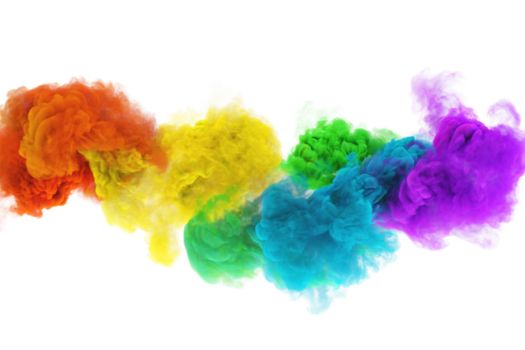 Funny clouds of colored rainbow smoke puffs. Color 3D render abstract fog texture in white background