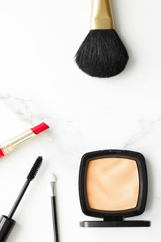 Make-up and cosmetics on marble, flatlay - modern feminine lifestyle, vlog background and styled stock concept. Beauty inspiration in a fashion blog