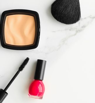 Make-up and cosmetics on marble, flatlay - modern feminine lifestyle, vlog background and styled stock concept. Beauty inspiration in a fashion blog