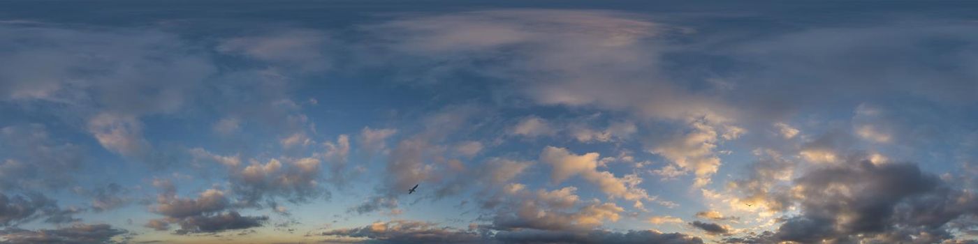 Sky panorama with Cirrus clouds in Seamless spherical equirectangular format. Full zenith for use in 3D graphics, game and editing aerial drone 360 degree panoramas for sky replacement