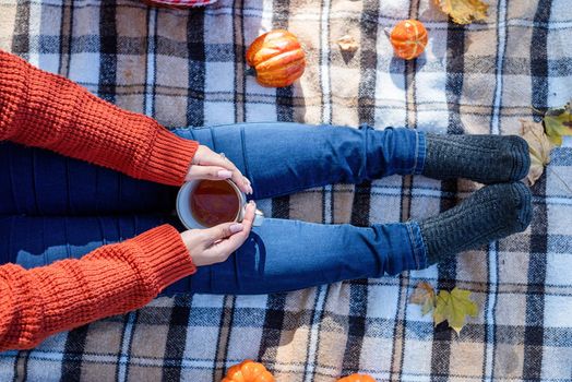 Leisure, free time. Beautiful caucasian woman in red sweater on a picnic outdoors, sitting on a plaid in autumn forest