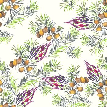 Evergreen pine fir branches of christmas tree with cones and flowers decorative seamless pattern watercolor illustration