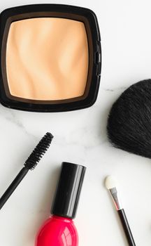 Make-up and cosmetics on marble, flatlay - modern feminine lifestyle, vlog background and styled stock concept. Beauty inspiration in a fashion blog