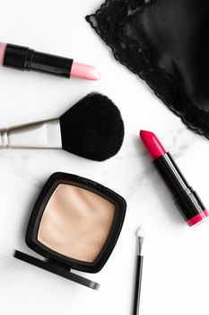 Make-up and cosmetics on marble, flatlay - modern feminine lifestyle, vlog background and styled stock concept. Beauty inspiration in a fashion blog