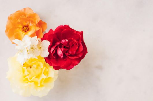 Beautiful floral flatlay composition - wedding decor, florist designed and perfect garden concept. The flowers of love