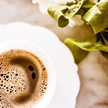 Vintage cup of flavored espresso, flatlay - perfect breakfast and feminine styled concept. I love my morning coffee