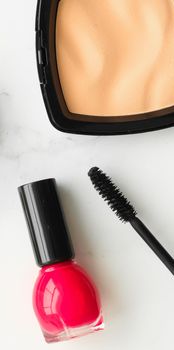 Make-up and cosmetics on marble, flatlay - modern feminine lifestyle, vlog background and styled stock concept. Beauty inspiration in a fashion blog