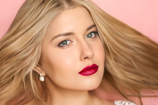 Beauty, makeup and hairstyle, beautiful blonde woman with red matte lipstick make up on pink background as bridal make-up look, fashion and glamour model face portrait for cosmetics, skincare and hair care brand