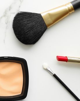 Make-up and cosmetics on marble, flatlay - modern feminine lifestyle, vlog background and styled stock concept. Beauty inspiration in a fashion blog