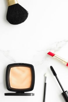 Make-up and cosmetics on marble, flatlay - modern feminine lifestyle, vlog background and styled stock concept. Beauty inspiration in a fashion blog