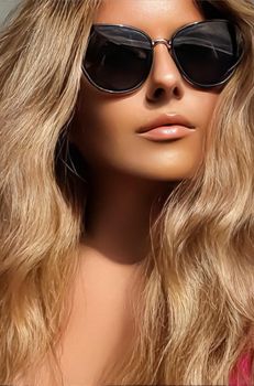 Luxury fashion, travel and beauty face portrait of young blonde woman, wearing chic sunglasses, suntanned skin and long beach waves hairstyle, summer accessory and glamour style concept