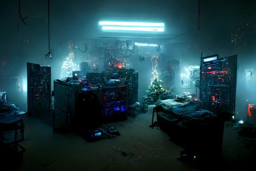 messy and dark cyberpunk hacker hideout room with cyan christmas lights, neural network generated art, picture produced with ai in fall 2022
