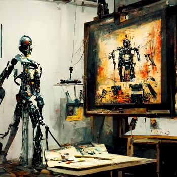 anthropomorphic robot artist in the studio next to the easel, painting and paints while working - neural network generated art, picture produced with ai in 2022