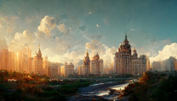 Stalinist Empire style city with green grass and bushes in foreground, neural network generated art. Digitally generated image. Not based on any actual scene or pattern.