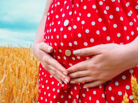 Pregnant unrecognizable woman in polka dot red dress standing in wheat field and holding her belly.