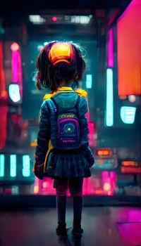 Back facing little girl with backpack looking at night neon cyberpunk street, neural network generated art. Digitally generated image. Not based on any actual scene or pattern.