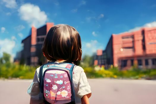 Back facing little girl with backpack looking at school building at sunny summer day, neural network generated art. Digitally generated image. Not based on any actual scene or pattern.