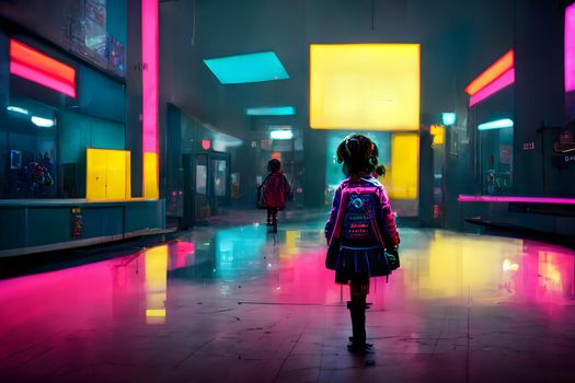 Back facing little girl with backpack linside neon light cyberpunk school hall, neural network generated art. Digitally generated image. Not based on any actual scene or pattern.