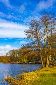 Natural beautiful panorama view with lake river walking pathway and green plants trees in the forest of Speckenbütteler Park in Lehe Bremerhaven Germany.