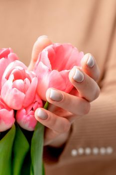 Closeup of pink tulip buds in hands of a young woman. Pink flowers in female hands