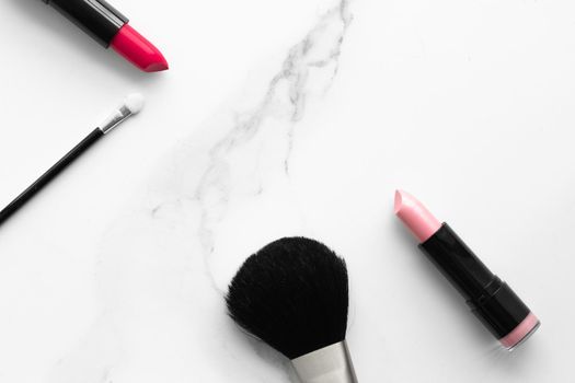 Make-up and cosmetics on marble, flatlay - modern feminine lifestyle, vlog background and styled stock concept. Beauty inspiration in a fashion blog