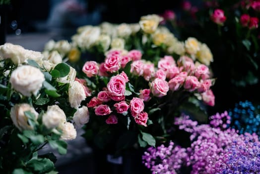 Pink roses in a flower shop.Beautiful flowers for a catalog, online store. Flower business. Concept flower store and delivery.