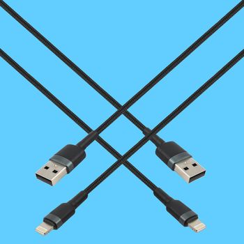 Cable with USB connector, and Lightning, on a blue background in isolation