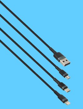 Cable with USB, micro USB, Lightning and Type-C connector, isolated on a blue background