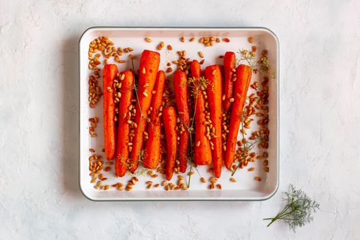 lebanese style carrots cooked with pine nuts and cumin, top view
