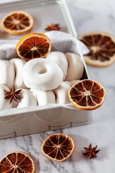 rousquilles, french and spanish traditional sweet dessert, packed in a festive box, side view, closeup