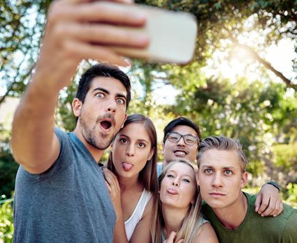 Its a selfie surprise. a young group of friends taking selfies while enjoying a few drinks outside in the summer sun