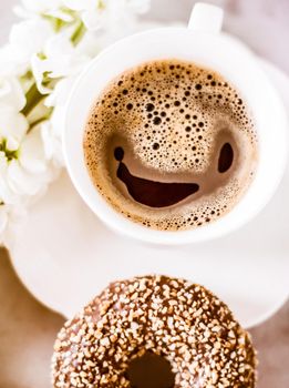 Vintage cup of flavored espresso, flatlay - perfect breakfast and feminine styled concept. I love my morning coffee