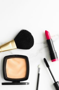 Make-up and cosmetics on marble, flatlay - modern feminine lifestyle, vlog background and styled stock concept. Beauty inspiration in a fashion blog