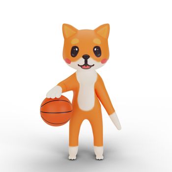 3d rendering of character corgi playing basketball