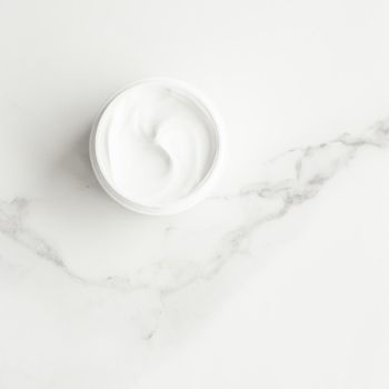 All-natural emulsion cream on marble, flatlay - skincare and body care, luxury spa and clean cosmetic concept. Time for organic beauty treatment