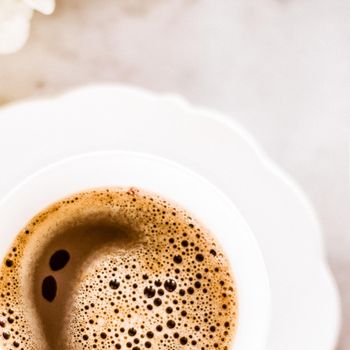 Vintage cup of flavored espresso, flatlay - perfect breakfast and feminine styled concept. I love my morning coffee