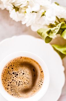 Vintage cup of flavored espresso, flatlay - perfect breakfast and feminine styled concept. I love my morning coffee