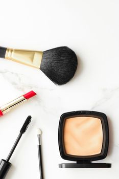 Make-up and cosmetics on marble, flatlay - modern feminine lifestyle, vlog background and styled stock concept. Beauty inspiration in a fashion blog