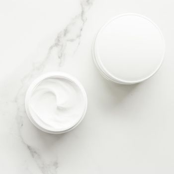 All-natural emulsion cream on marble, flatlay - skincare and body care, luxury spa and clean cosmetic concept. Time for organic beauty treatment