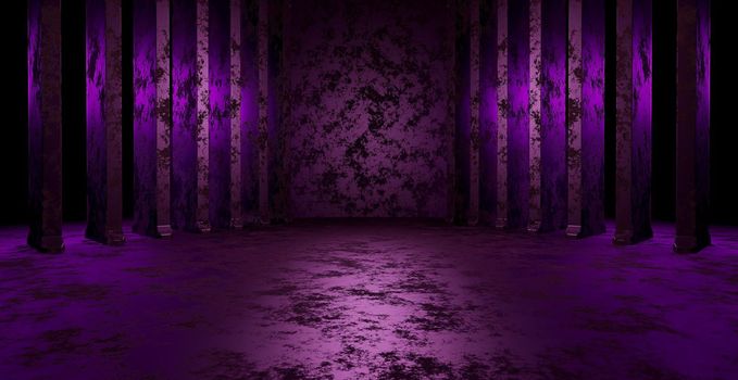 Computerized Inter Galactic Metallic Empty Tunnel Hallway Gate Dimmed Bright Purple Banner Background 3D Rendering
