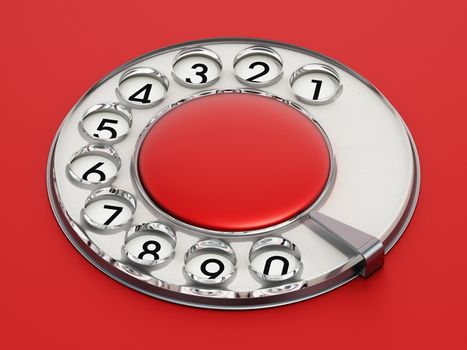 Red rotary dial of an analogue telephone. 3D illustration.