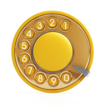 Yellow rotary dial of an analogue telephone. 3D illustration.