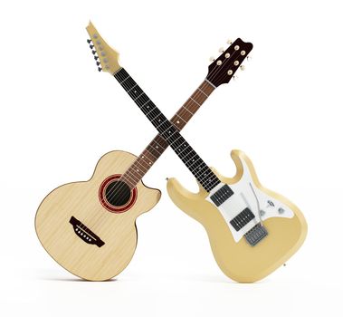 Electric and classical guitars isolated on white background. 3D illustration.