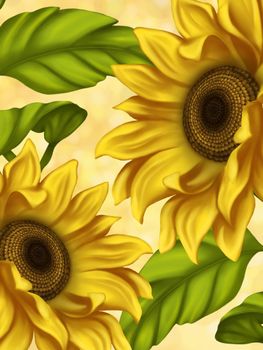 Illustration of sunflowers. Background for the design of the postcard. Illustration of flowers. Bright flowers on a light background. Summer.