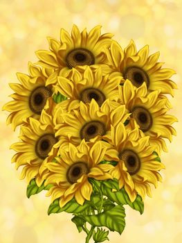 Illustration of sunflowers. Background for the design of the postcard. Illustration of flowers. Bright flowers on a light background. Summer.