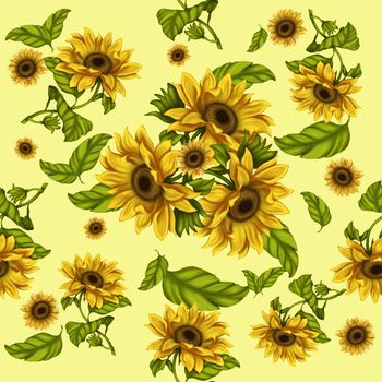 Seamless pattern for printing. Illustration of sunflower flowers. Bright flowers on a light background. Summer, sunflowers.