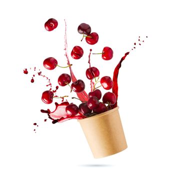 Flying cherries vertical isolated as package design elements. Flying cherry. Fresh raw cheery falling in the air