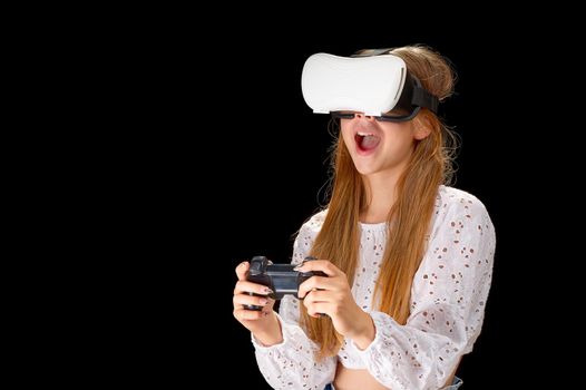 Young woman wearing VR glasses and interacting with virtual reality, entertainment, education and innovative technology concept. goggles to interact with metaverse