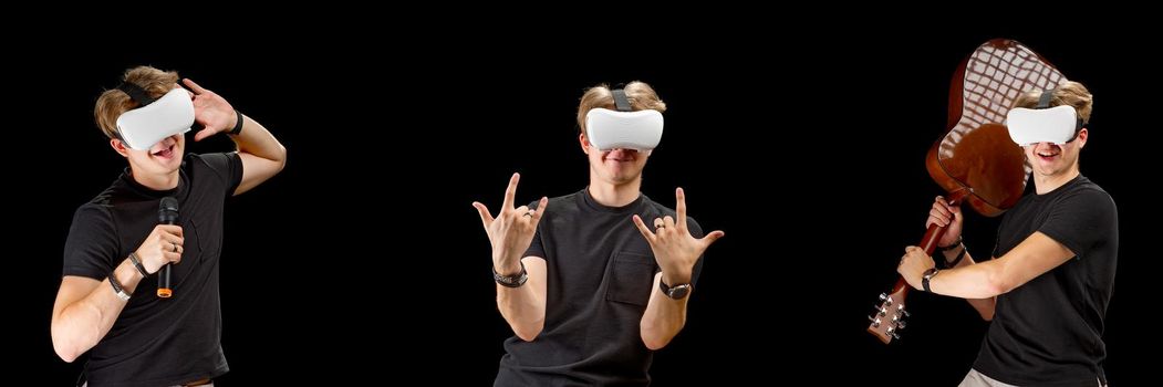 Portrait of a young man with 3D virtual reality glasses. Young man using white virtual reality headset, VR, future, googles, technology concept on black background.